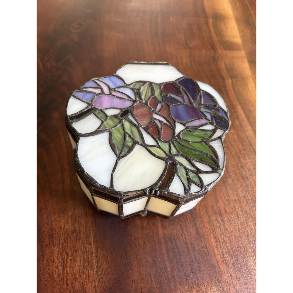Tiffany Style Stained Glass Vintage Jewelry Box  Floral Design 6.5" X 6.5"